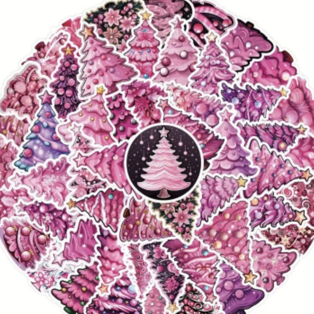 Festive Pink Christmas Tree Sticker Collection 50 Count